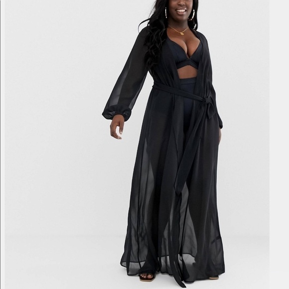 Asos Design curve long sleeve wrap tie chiffon maxi beach kimono black - Picture 4 of 7